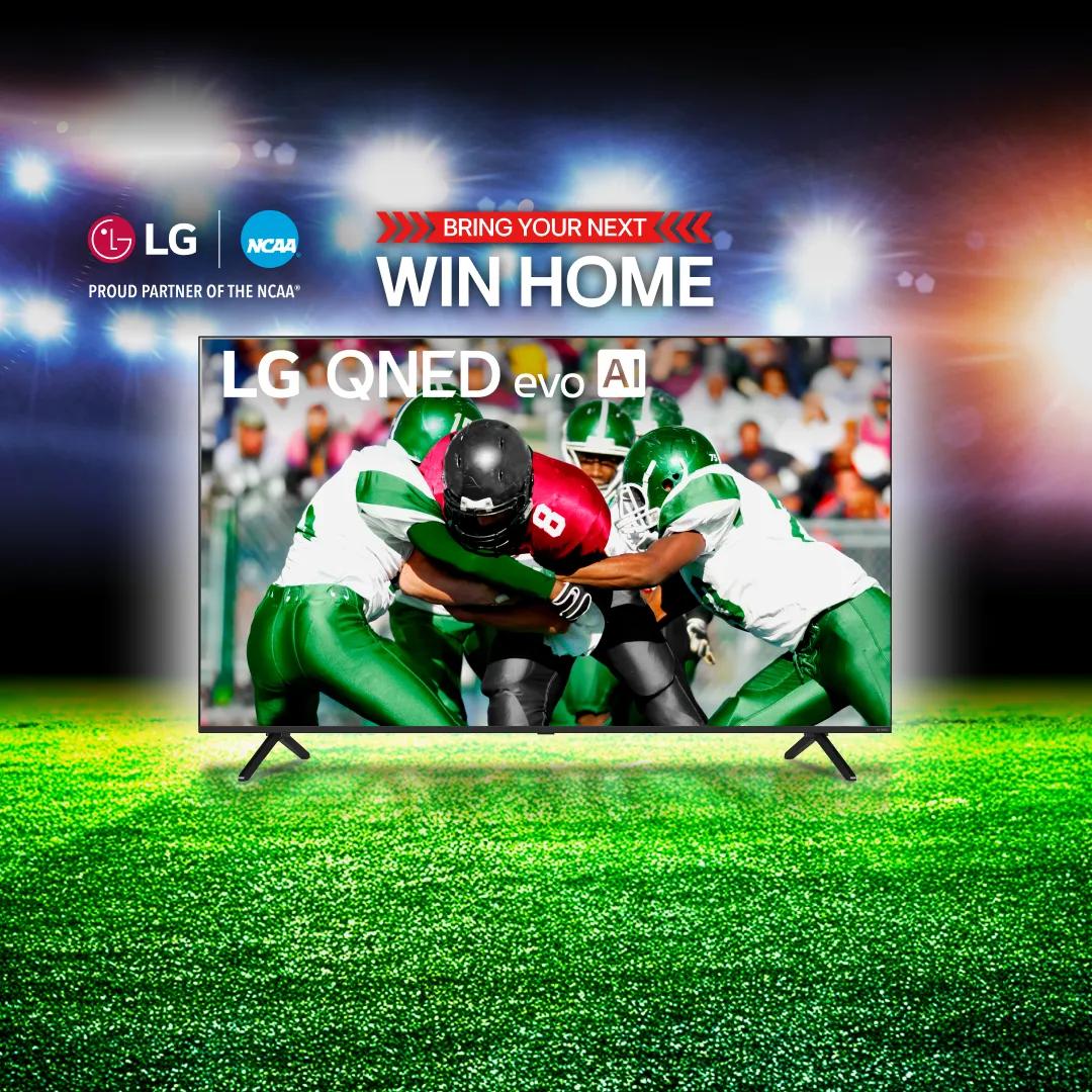 “Bring your next win home” title badge. An LG QNED TV on a football field backdrop. “Bright Room Ready” badge. Players scrimmage on TV infill.