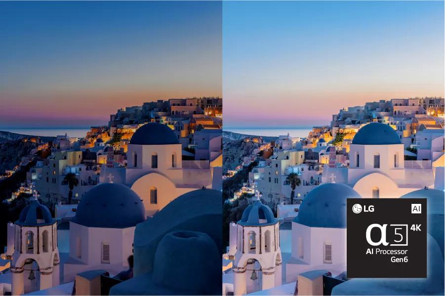 A split screen shows a scene of Mediterranean vista with right side brighter. Alpha5 AI Processor Gen6 chip.