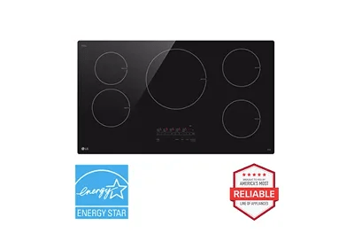 A top-down image of an LG CBIH3613BE induction cooktop next to a red 'Brought to you by American's Most Reliable Line of Appliances' badge and a blue 'ENERGY STAR® certified' badge.