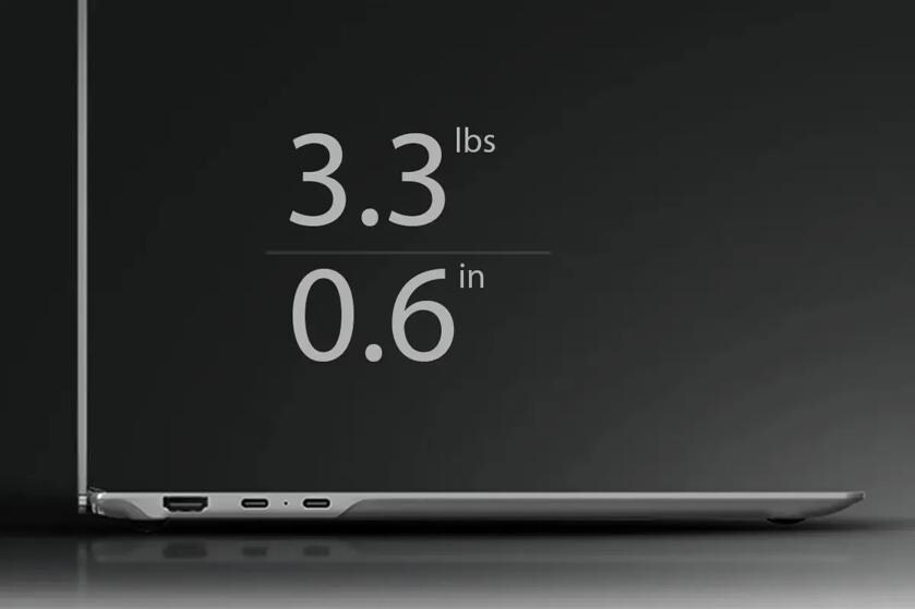 Side view of LG 17Z90U-H gram, with text reading: 3.3 lbs, 0.6 in
