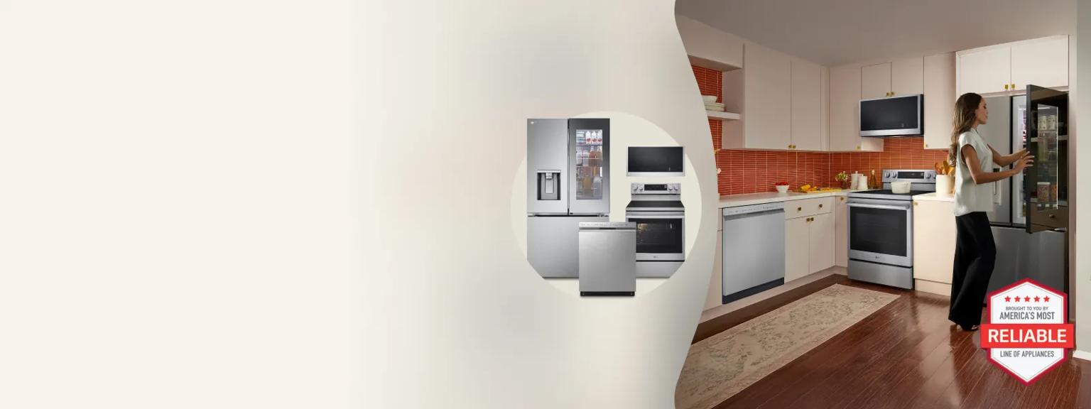 Various LG appliances appear in a bright kitchen setting. A group of appliances appear in a group beside the image. “America’s Most Reliable Line of Home Appliances” badge. 