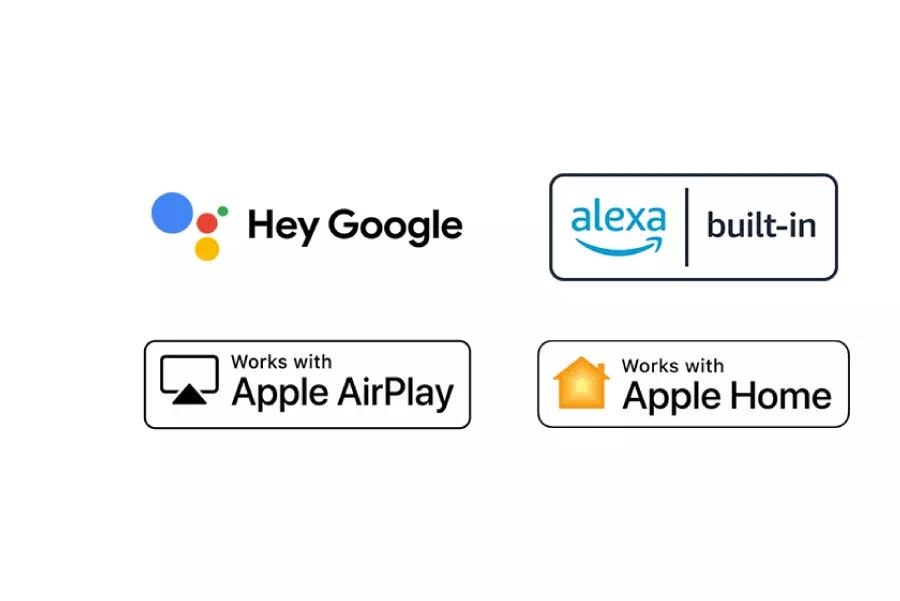 Hey Google logo. Alexa built in logo. Works with Apple Airplay logo. Works with Apple Home logo.