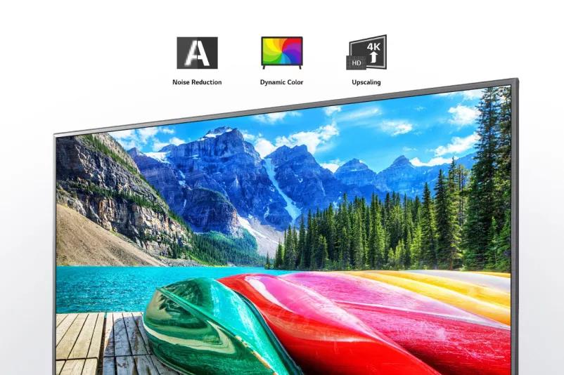 Noise reduction dynamic color and upscaling icons and a TV screen showing a scenic shot of mountains forest and a lake