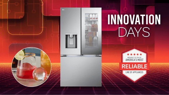 A refrigerator appears on a red background. “America’s Most Reliable Line of Home appliances” badge. Pop-out of Craft Ice.