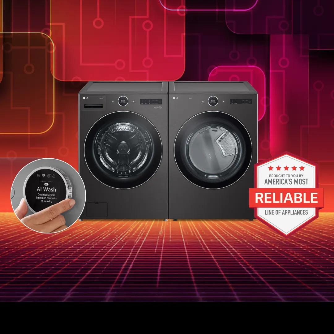 A washer and dryer Appear on a red background. “America’s Most Reliable Line of Home appliances” badge. Pop-out of Smart dial displaying “AI Wash”.