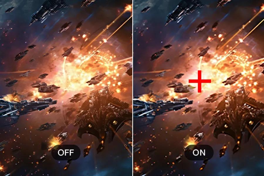 LG 27G521B-B UltraGear Monitor Accuracy Advantage feature comparison showing OFF and ON states with crosshair overlay