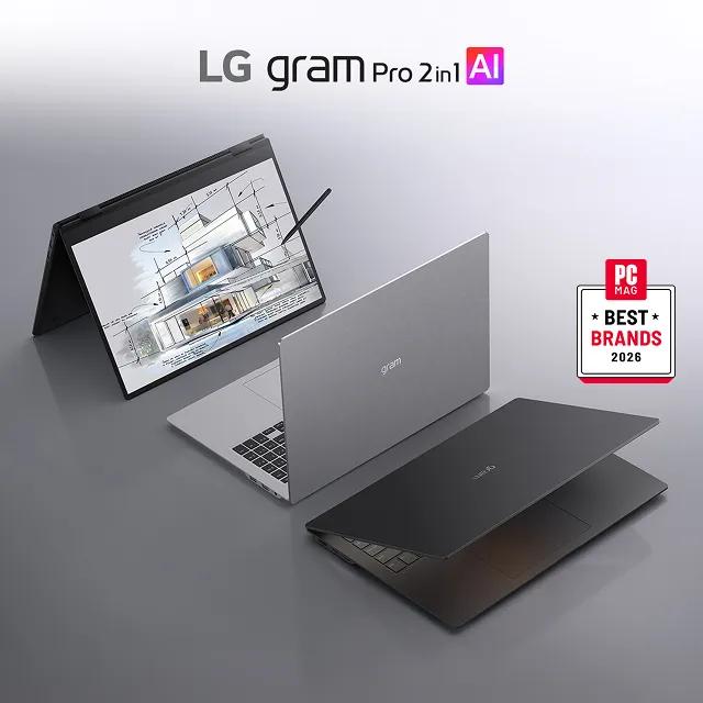 LG gram Pro 2-in-1 AI convertible laptop shown in laptop and tablet positions against a gray gradient background.