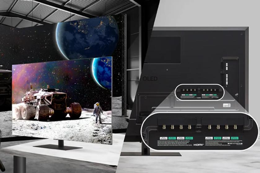 "Flat-screen TV displaying a lunar scene and close-up of the TV's back with HDMI ports."
