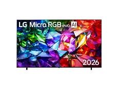 LG Micro RGB evo AI MRGB95, released in 2026, features a 100-inch display with a slim black bezel on low-profile feet, showcasing a vivid crystalline composition of sharply defined red, green, and blue light facets across the screen.