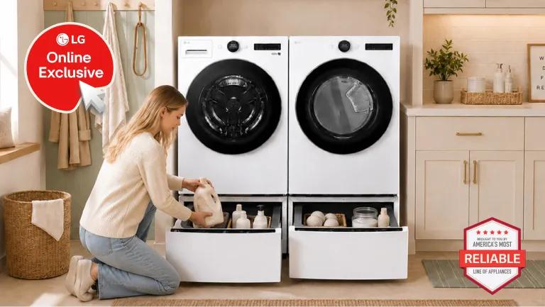 Shop 4-Piece Laundry Sets -- LG Online Exclusive -- woman loading laundry products into the pedestal drawer of an LG front-load washer and dryer set with pedestals in a laundry room, with America's Most Reliable Line of Appliances badge