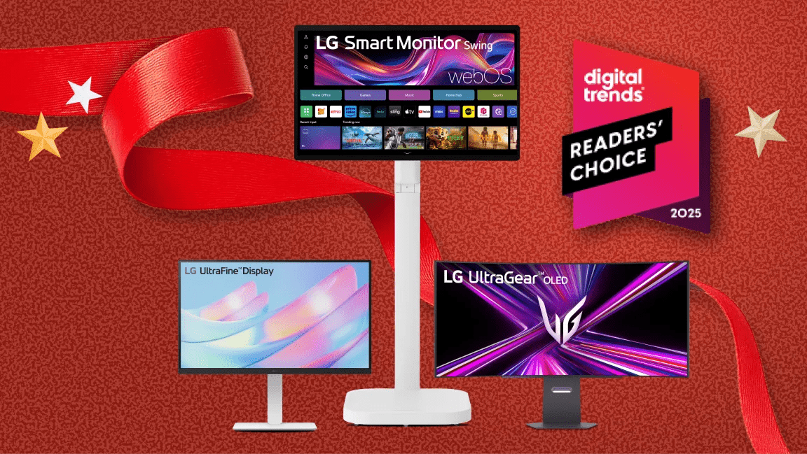 Various LG monitors appear on a holiday-themed background. “Digital Trends Readers’ Choice Best Monitor Brand 2025” badge.