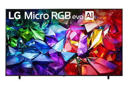 Faceted, crystal-like shapes in vivid rainbow colors on an LG Micro RGB screen.