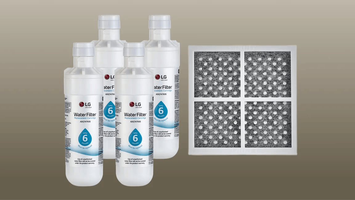 Four white cylindrical water filters and two square grey grid-patterned air filters arranged on a solid grey background