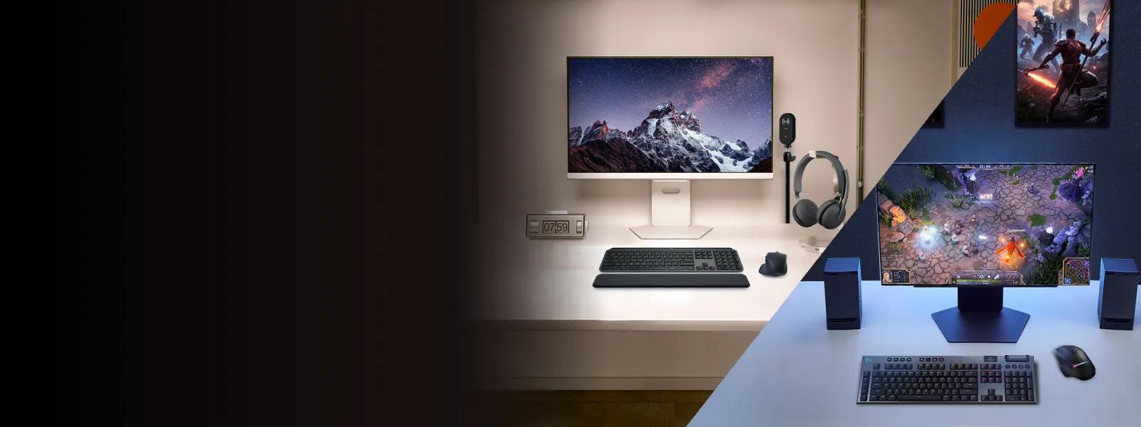 Split screen image shows 2 LG Monitors on different desktops, with one made for gaming and the other for work. Various Logitech accessories such as a mouse, keyboard and camera appear beside the monitors.