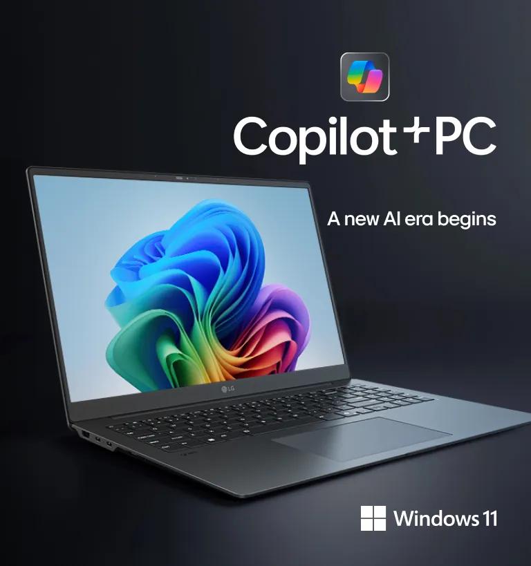 An LG laptop displaying a colorful Windows 11 wallpaper is shown on a dark background, accompanied by the text “Copilot+ PC. A new AI era begins” and the Windows 11 logo.