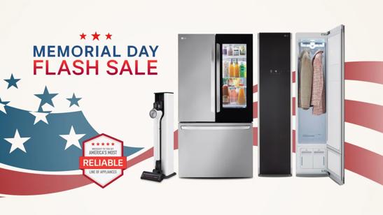 A group of LG home appliances in front of graphic of American Flag. “Memorial Day Flash Sale” badge appears above. 