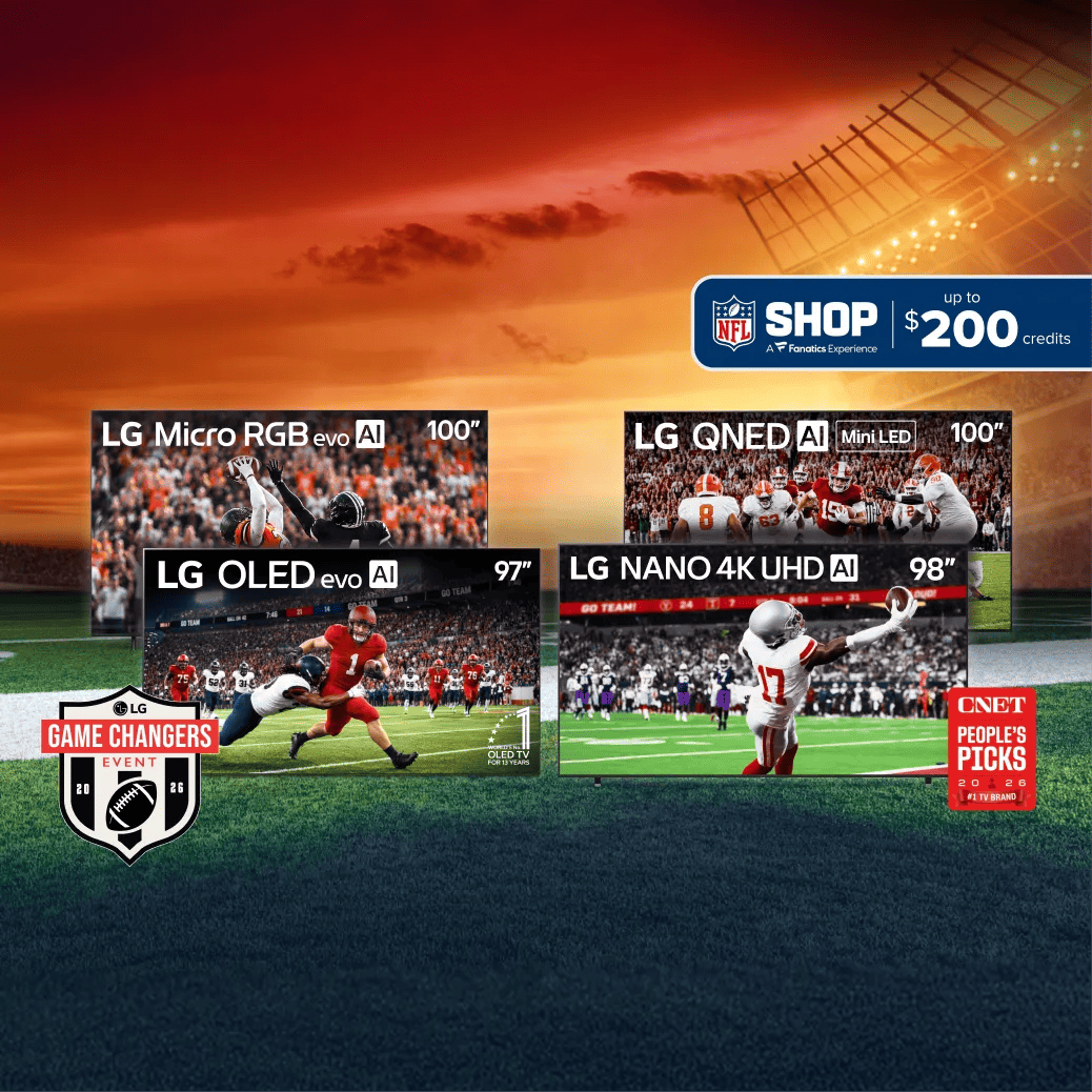 LG "Game Changers Event" promo featuring four TVs displaying football action: LG Micro RGB evo AI (100"), LG OLED evo AI (97"), LG QNED AI Mini LED (100"), and LG NANO 4K UHD AI (98"), arranged over a stadium sunset and football field background. Badges show "World's No.1 OLED TV for 13 Years" and "CNET People's Picks 2026 #1 TV Brand." A banner offers "NFL Shop, a Fanatics Experience — up to $200 credits."