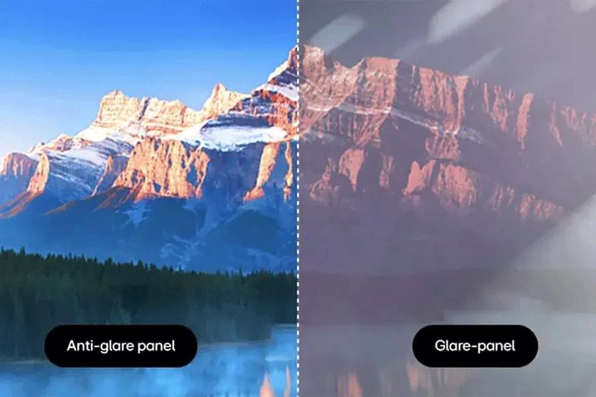 A mountain landscape, with the right colorful side representing the appearance of an anti-glare panel, and the faded less colorful side illustrating the appearance of glare panel. 