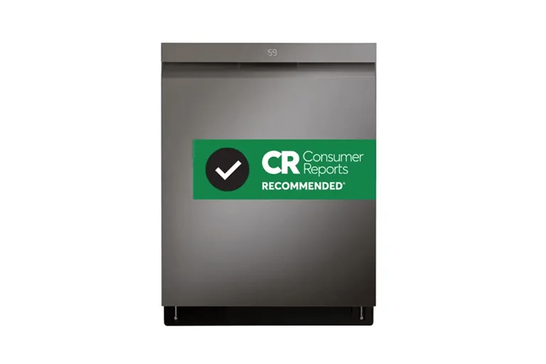 A front-facing image of an LG LDPH5554 top control dishwasher with a green “Consumer Reports Recommended” badge across its front.
