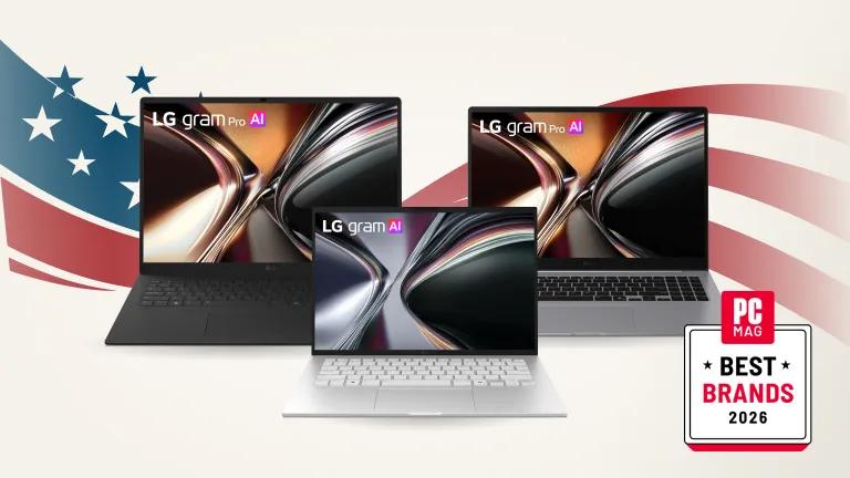 Labor Day -- three LG gram laptops displayed against an American flag backdrop: LG gram Pro AI laptop in black on the left, LG gram AI laptop in white at center, and LG gram Pro AI laptop in gray on the right, with PC Mag Best Brands 2026 badge.
