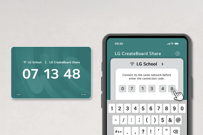 Digital display and smartphone showing LG CreateBoard Share with connection code.