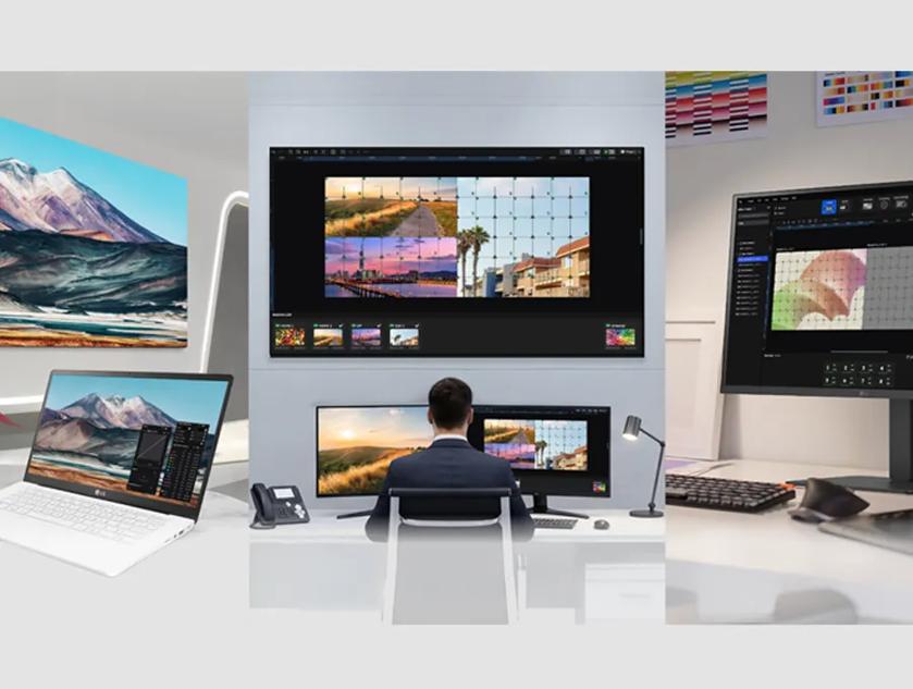 Composite image of a photo-editing workspace with a laptop and multiple monitors displaying landscape photos, grids, and editing tools.