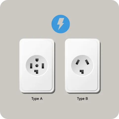 Iconography displays Type A and Type B outlets needed for an electric dryer hookup. A light blue symbol shows a lightning bolt icon.