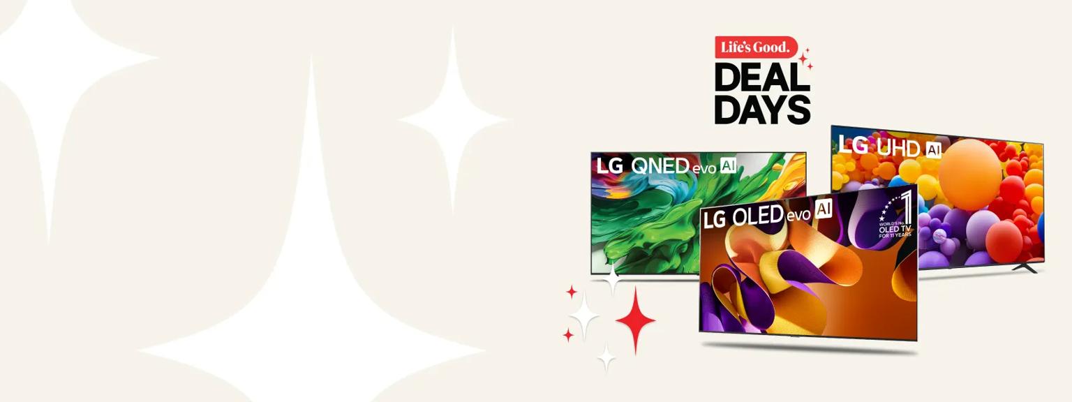 “Life’s Good Deal Days” title  badge. An OLED, QNED and UHD TV on a beige background.