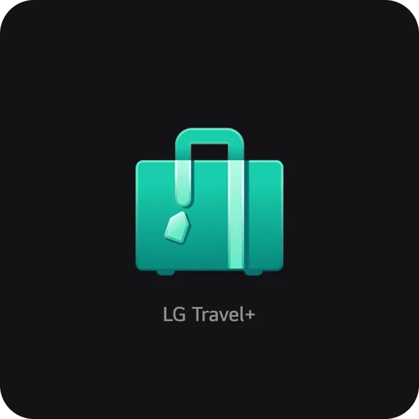 LG Travel+ app icon featuring a teal suitcase illustration on a dark background, labeled LG Travel+