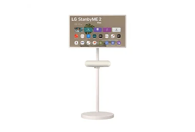 LG StanbyME 2 Max movable display on a floor stand with a circular base, showing the home screen interface on a neutral background.