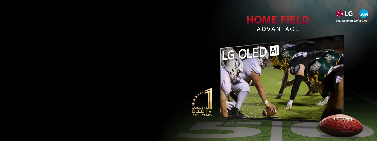 Promotional banner for LG OLED TVs. The image showcases a football game displayed on an LG OLED AI TV screen, emphasizing 'Home Field Advantage' with the text in red and white. The banner includes LG's branding, a football on the ground, and a badge highlighting 'World's No. 1 OLED TV for 12 years.' Background includes a dark theme with stadium elements.