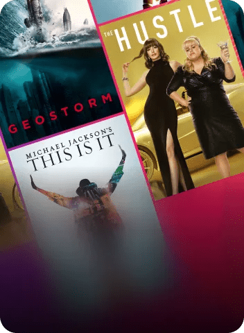 Streaming screen showing posters for Geostorm, Hustle and Michael Jackson's This Is It against a dark gradient background.