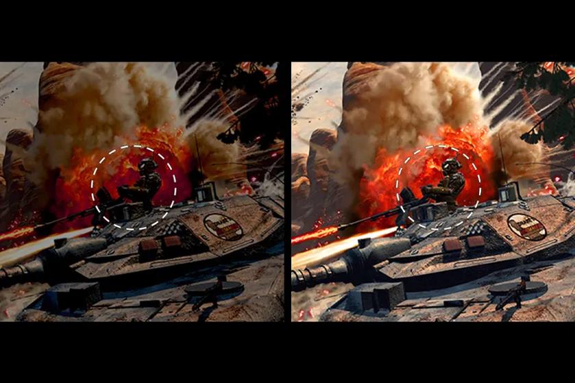 Two panels showing a tank amidst an explosion, with a silhouetted soldier in the center marked by a dashed circle.