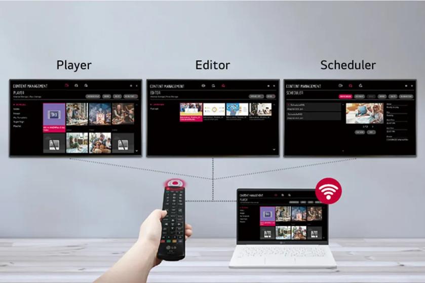 LG digital signage showcasing the embedded content management systems: Player, Editor, and Scheduler