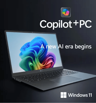 An LG laptop displaying a colorful Windows 11 wallpaper is shown on a dark background, accompanied by the text “Copilot+ PC. A new AI era begins” and the Windows 11 logo.