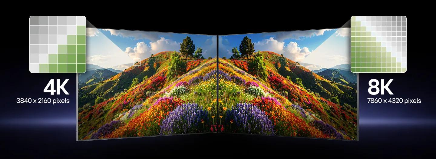 LG TV with 4K resolution demonstrates sharp clarity as two side-by-side displays compare 4K and 8K visuals, highlighting sharp detail and refined textures while showing 4K as the smarter choice for everyday viewing.