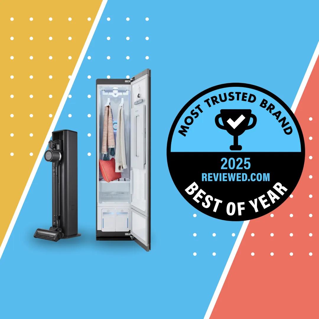 A graphic background is split in three parts—yellow, blue and red. An LG cordless vacuum and LG Styler are displayed next to a badge that says “Most Trusted Brand 2025 Reviewed.com Best of Year”