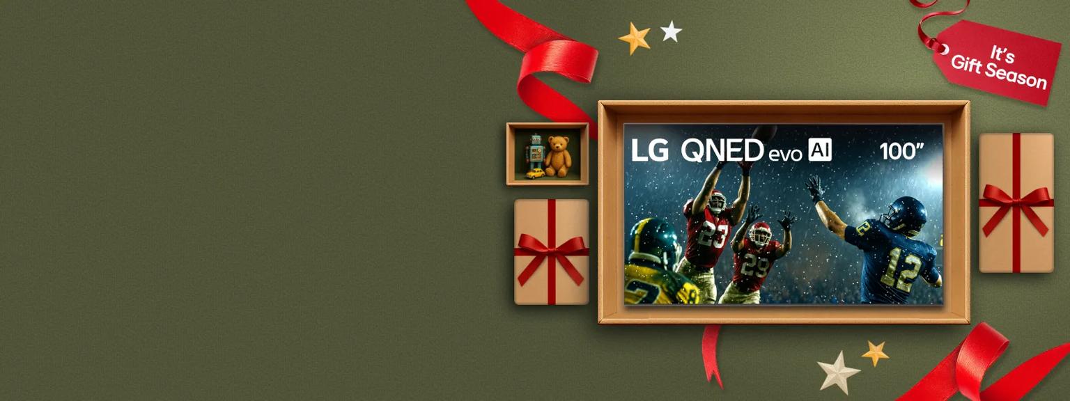 “It’s gift season” badge. Opened and unopened gift boxes appear in a cluster. Center box displays 100” QNED TV.