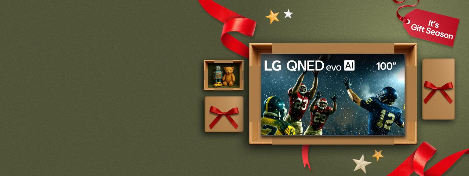 “It’s gift season” badge. Opened and unopened gift boxes appear in a cluster. Center box displays 100” QNED TV.