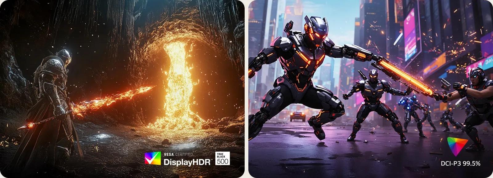 Side-by-side gaming visuals demonstrate LG UltraGear display performance, with the left showing a fantasy warrior in a cave under glowing lava highlighting VESA DisplayHDR True Black 500, and the right showing futuristic soldiers with energy swords in a neon city showcasing DCI-P3 99.5% color coverage.