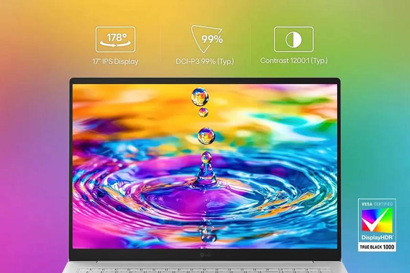 Brightly colored wallpaper on an LG 17Z90U-H gram, with icons and text reading: 178 degree, 17" IPS Display. DCI-P3 99% (Typ.). Contrast 1200:1 (Typ.)