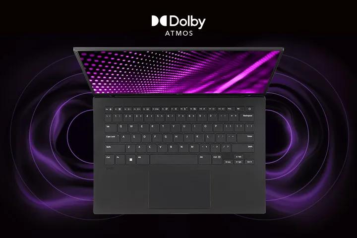 Black gram laptop with purple wave pattern on screen and Dolby Atmos logo