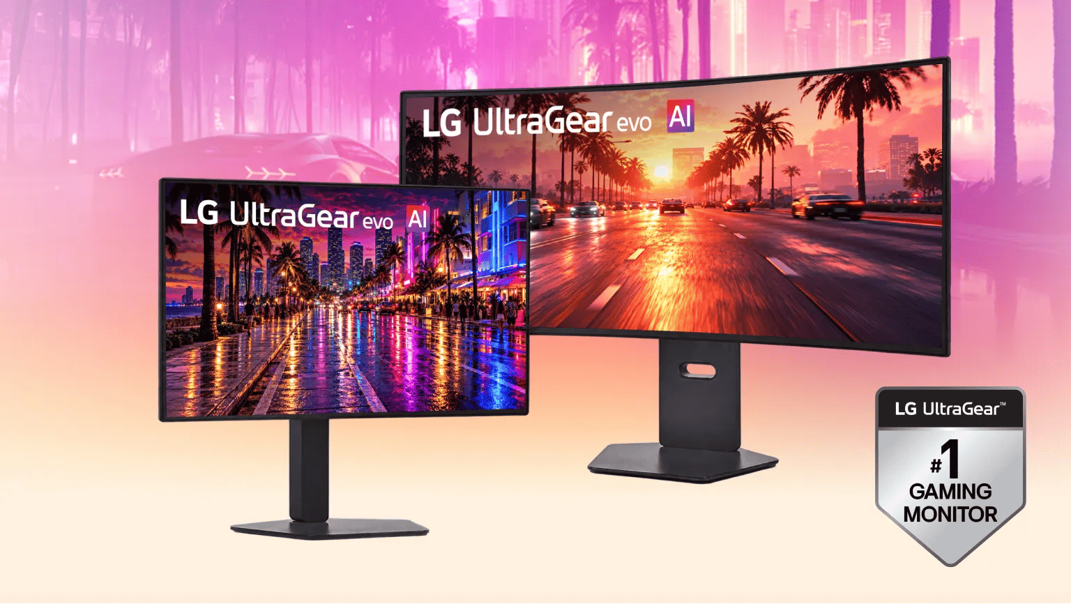 Two LG UltraGear evo AI gaming monitors displayed against a vibrant pink cityscape backdrop, with LG UltraGear #1 Gaming Monitor badge visible.