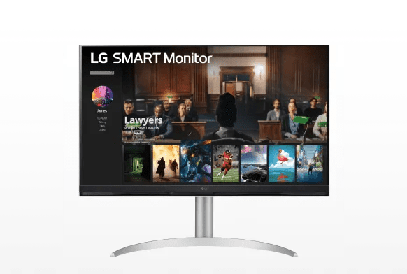 LG Smart Monitor 32SQ730S-W on white background displays a gallery of entertainment content.