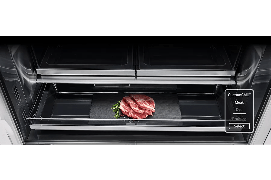 Square object is coming out of some kind of liquid to express the full stainless body of LG SIGNATURE Refrigerator