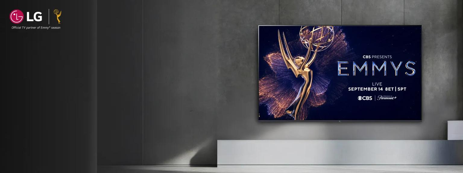 Ultra-large LG TV showing Emmy statue and Emmys logo