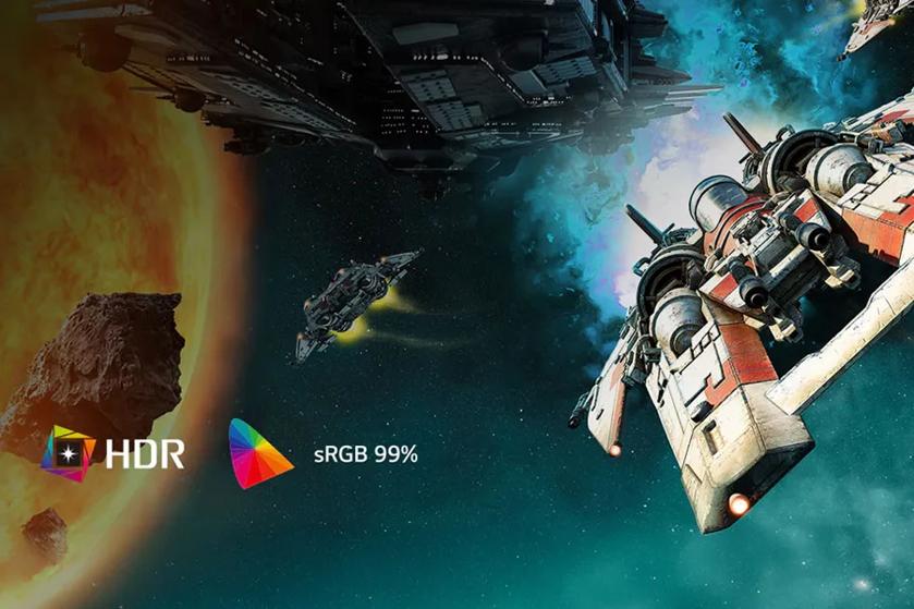 A space scene with a fiery sun, spacecraft, and a nebula, featuring HDR and sRGB 99% logos.
