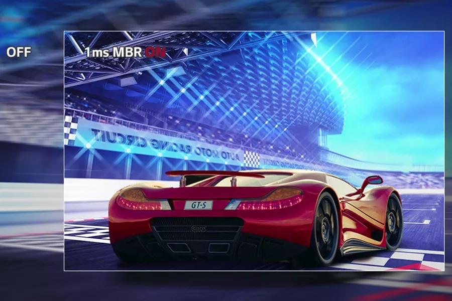 Image of a racing car demonstrating on screen quality of 1ms MBR On feature