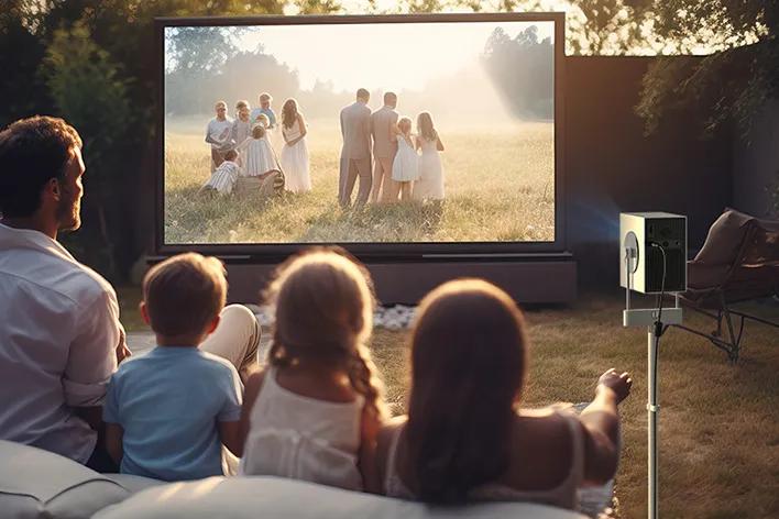 A family gathered together, enjoying a movie projected with CineBeam Q Projector on a screen outdoor.