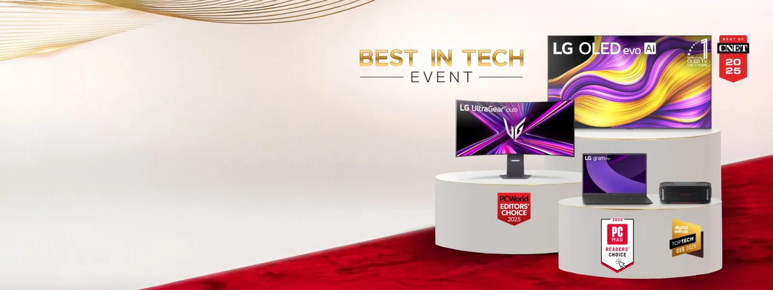 “Best In Tech Event” title badge. A group of LG TVs and electronics appear on a red carpet. “PCWorld Editors’ Choice 2025”, “2025 PC MAG Readers’ Choice”, “Digital Trends Top Tech CES 2025” and “Best of CNET 2025” badges.